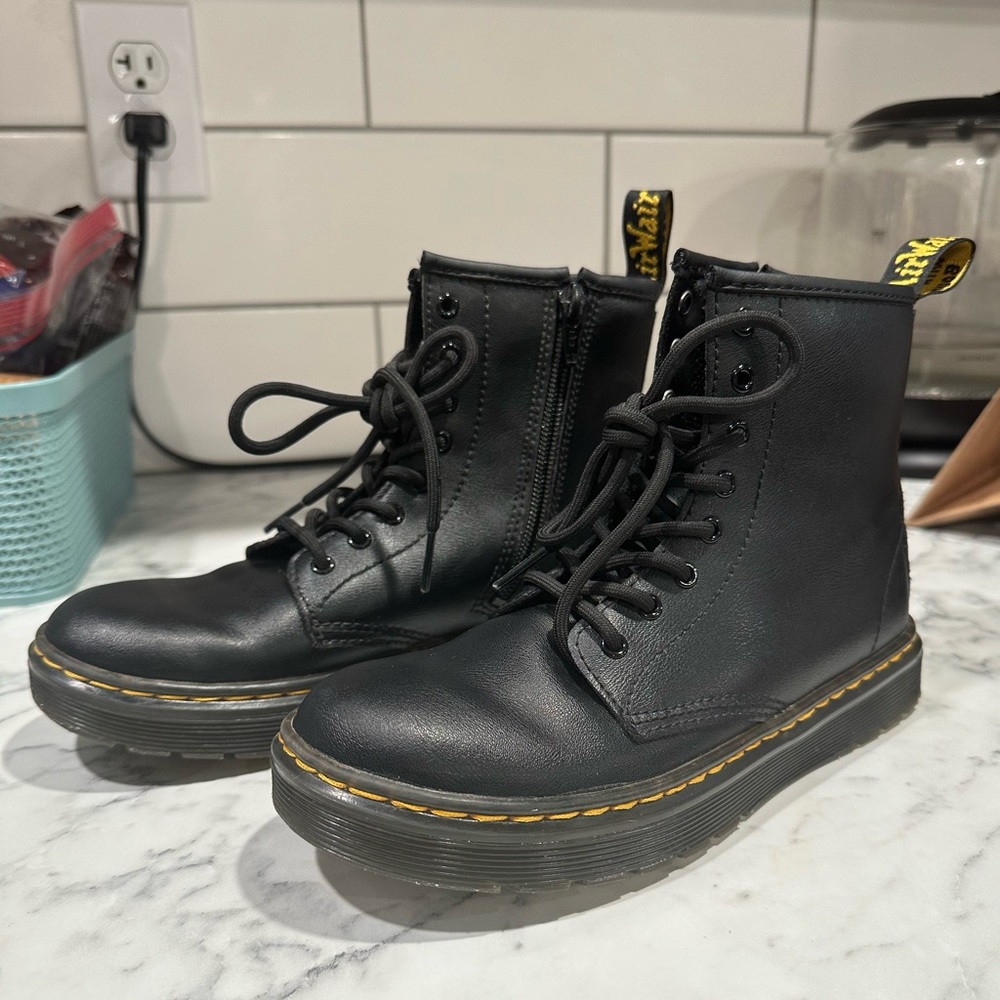 Dr. Martens Kids Black Leather Lace-Up Boots with Yellow Stitching